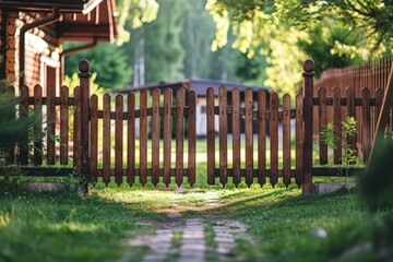Obraz premium Wooden fence green lawn entrance gate in street photo selective focus