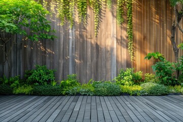 Wooden fence cladding decking garden greenery backdrop