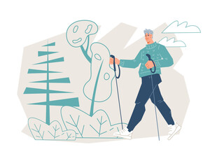 Senior elderly man engaged in Nordic walking. Physical fitness to improve cardiovascular health and longevity. Nordic walking banner backdrop for promotional needs, vector isolated on white.