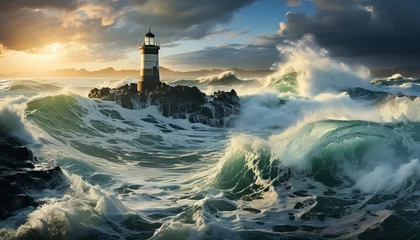 Fotobehang Giant offshore wind turbine plant resiliently harnessing energy amidst turbulent stormy ocean waves © Viktoria