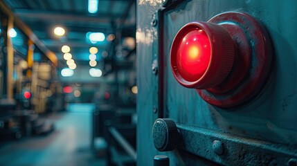A big red emergency stop button for manual pressing, emphasizing safety measures and industrial equipment control with a red light at the factory - obrazy, fototapety, plakaty