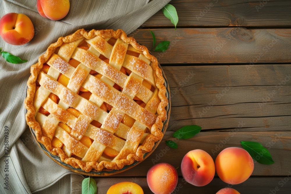 Sticker wooden table with flat lay of fresh fruits and tasty peach pie