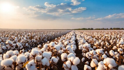 Cotton farm during harvest season. Field of cotton plants with white bolls. Sustainable and eco-friendly practice on a cotton farm. Organic farming. Raw material for textile industry.  generative, ai. - obrazy, fototapety, plakaty