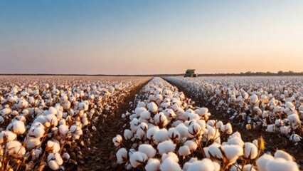 Cotton farm during harvest season. Field of cotton plants with white bolls. Sustainable and eco-friendly practice on a cotton farm. Organic farming. Raw material for textile industry.  generative, ai.