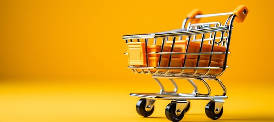 Shopping cart with products on yellow background for promotional advertisement with copy space