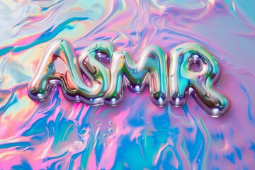 ASMR written with a holographic liquid font on a pastel slime background