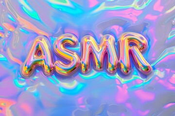 ASMR written with a holographic liquid font on a pastel slime background