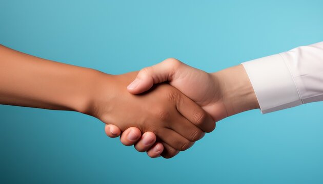 Professional promotional handshake on vibrant blue background with ample space for customizable text