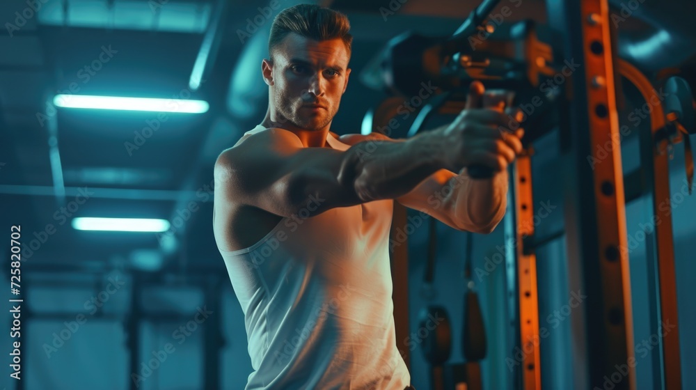 Poster a man in a white tank top exercising on a machine. suitable for fitness and exercise-related themes