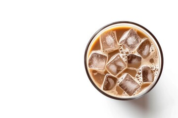 Ice latte coffee and milk tea served in a cup seen from above on a white background with clipping paths