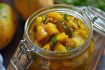 Ingredients for homemade mango pickle or aam ka achar Kairi Loncha - obrazy, fototapety, plakaty
