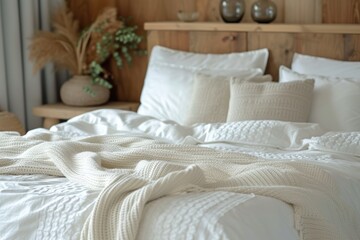 Indoor setting with a cozy bed including soft white bedding