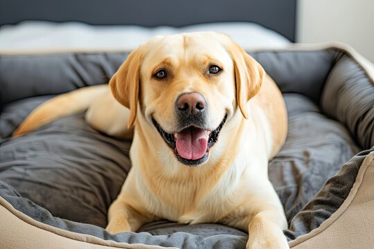 Indoor photo of a Labrador retriever dog happily on a pet bed grinning at the camera