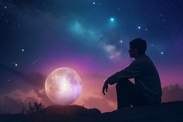 A man looking into a crystal ball against a starry sky