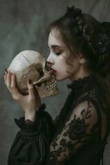 Naklejka premium Gothic girl holding the skull with both hands,face the skull,side view 