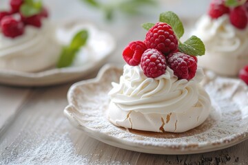 Selective focus on mini pavlova meringue with cream and raspberries