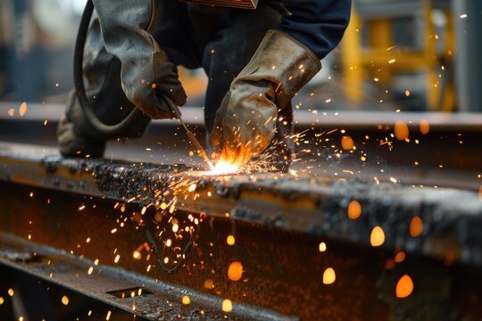 A man is welding metal on a rail, creating sparks. This image can be used to depict industrial work or construction projects