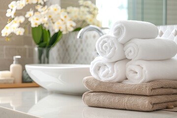 Fototapeta na wymiar Spa towels on white table in bathroom setting