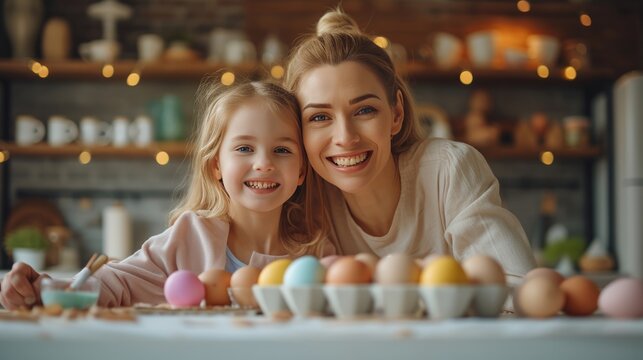 Happy mother and daughter paint eggs for Easter.