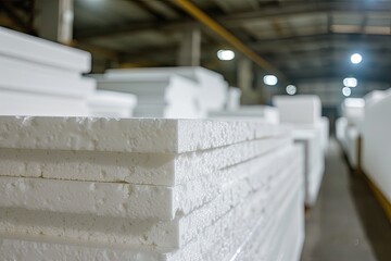 Stacked polystyrene plates in a warehouse