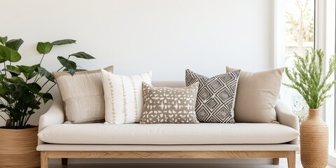 Patterned pillows on a beige settee in a stylish Scandinavian living room.