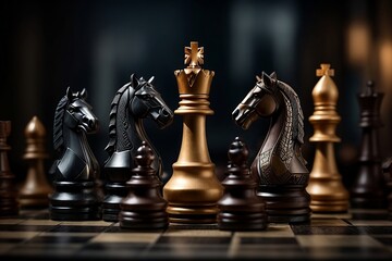 A diverse set of chess pieces, each with their own unique style and intricate details, set against a dark and moody background. 