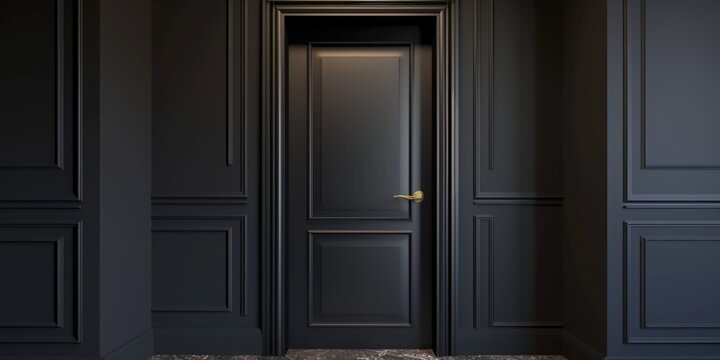 A door in a dark room with black walls. Can be used to depict mystery or suspense