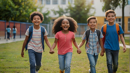 Obraz premium Group of diverse cheerful fun happy multiethnic children outdoors at the schoolyard