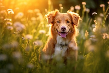 Nova scotia duck tolling retriever dog sitting in meadow field surrounded by vibrant wildflowers and grass on sunny day ai generated - obrazy, fototapety, plakaty
