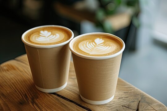 Takeaway coffee with latte art and cappuccino in two paper cups