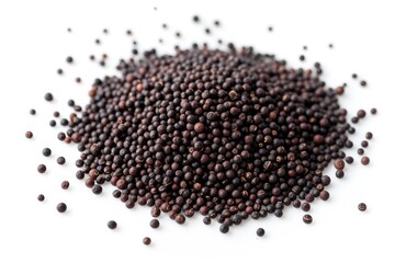 Top view close up of black mustard seeds on a white background forming a pile of aromatic Indian...