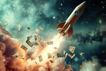 Rocket launch with smoke and flames and flying dollars. Business startup concept