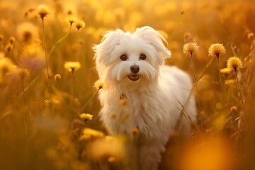 Maltese dog standing in meadow field surrounded by vibrant wildflowers and grass on sunny day ai generated