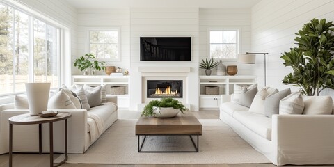 Stunning white farmhouse living room in new luxury home with wood floors, shiplap walls, fireplace, and TV built-in.