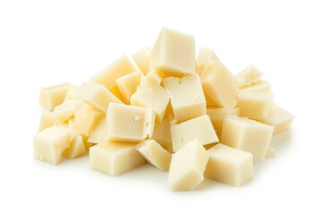 Top view of diced soft cheese on white background