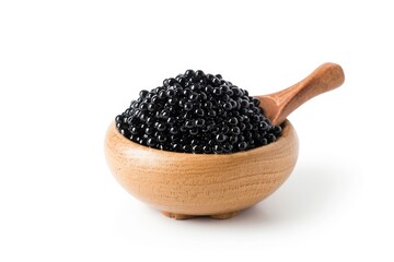 Top view of isolated black caviar on white background