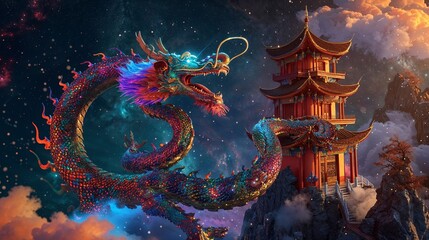Celestial Chinese Dragon Spiraling Around Pagoda in Fantasy
