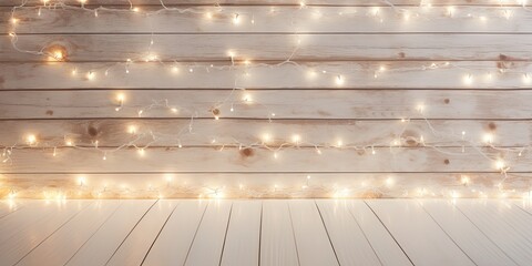White wooden background illuminated by Christmas lights.