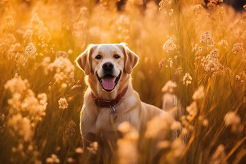 Labrador retriever dog sitting in meadow field surrounded by vibrant wildflowers and grass on sunny day ai generated