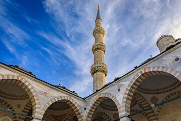 Minaret and internal courtyard of the Sultan Ahmed or the Blue Mosque, a majestic Ottoman imperial...