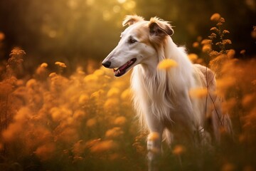 Obraz na płótnie Canvas Borzoi dog standing in meadow field surrounded by vibrant wildflowers and grass on sunny day ai generated