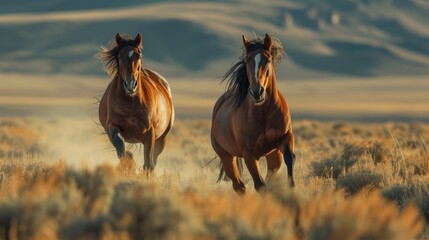 Two mustangs gallop across an endless American field . - obrazy, fototapety, plakaty
