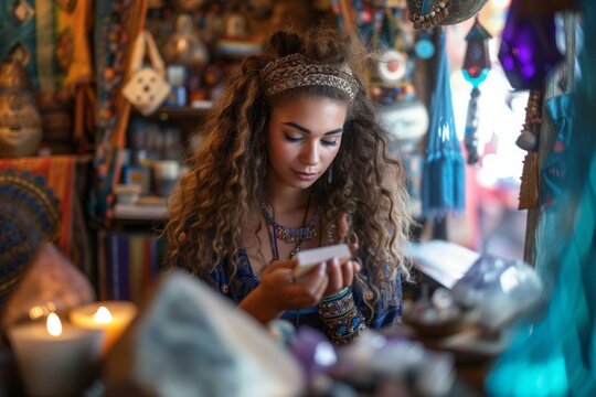 Fortune teller reading crystals in her shop