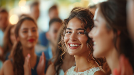 Joyful woman smiling at a social gathering with friends - obrazy, fototapety, plakaty