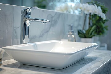 Fototapeta premium White marble counter background in a close up view of a sink or lavatory