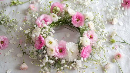 Elevate your space! A wreath crafted from eustoma and gypsophila flowers brings a touch of sophistication and nature's beauty to any setting - obrazy, fototapety, plakaty