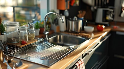 A picture of a kitchen with a sink and a dish rack. Suitable for illustrating home organization or kitchen cleaning concepts