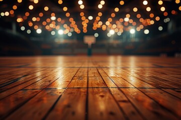 Wooden floored basketball court illuminated by reflectors with a blurred lights backdrop and tribune
