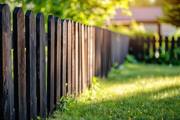 Wooden fence around house with green lawn street photo no one focused - obrazy, fototapety, plakaty