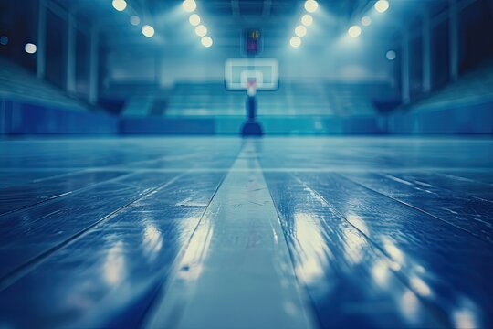 Wide view of a basketball court with a blurred background focused on the floor with a blue tint